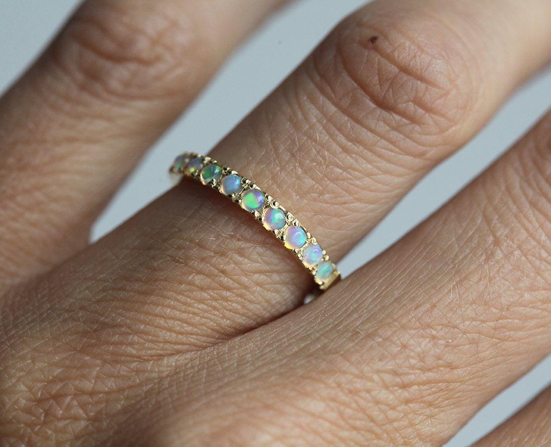 Round Opal Eternity Yellow Gold Band