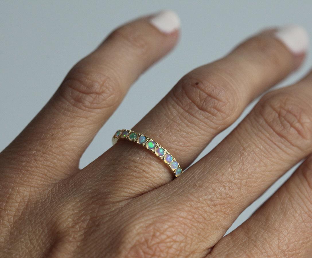 Round Opal Eternity Yellow Gold Band