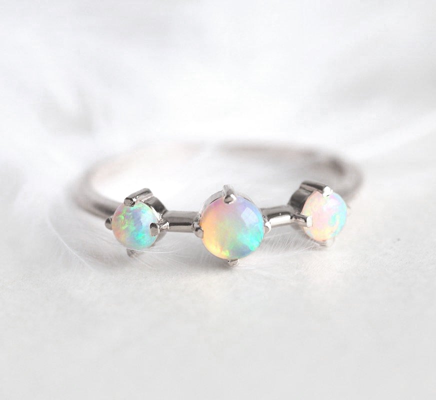 Three-Stone Round Opal White Gold Ring