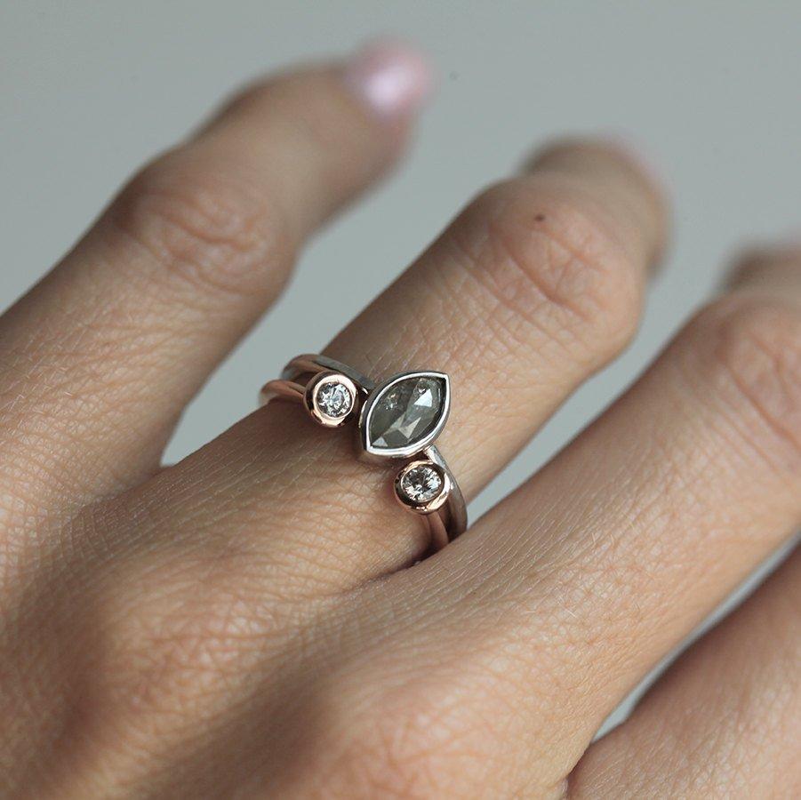 Marquise Salt & Pepper Diamond Ring Set with 2 Side Round White Diamonds