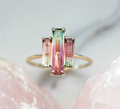 Yellow Gold Ring with 3 Watermelon Baguette Tourmaline Stones