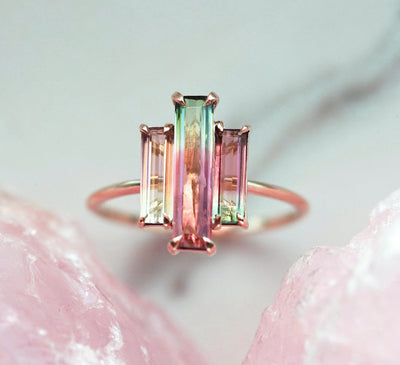 Rose Gold Ring with 3 Watermelon Baguette Tourmaline Stones