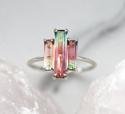 White Gold Ring with 3 Watermelon Baguette Tourmaline Stones
