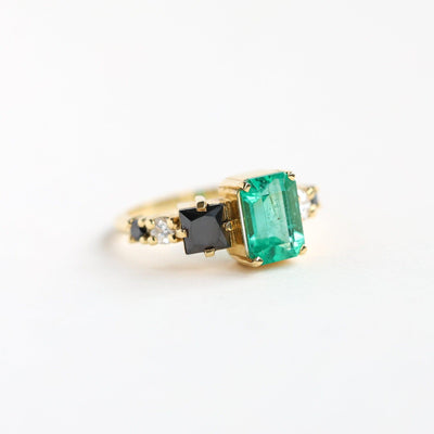Emerald-Cut Emerald Cluster Ring with Black and White Diamonds