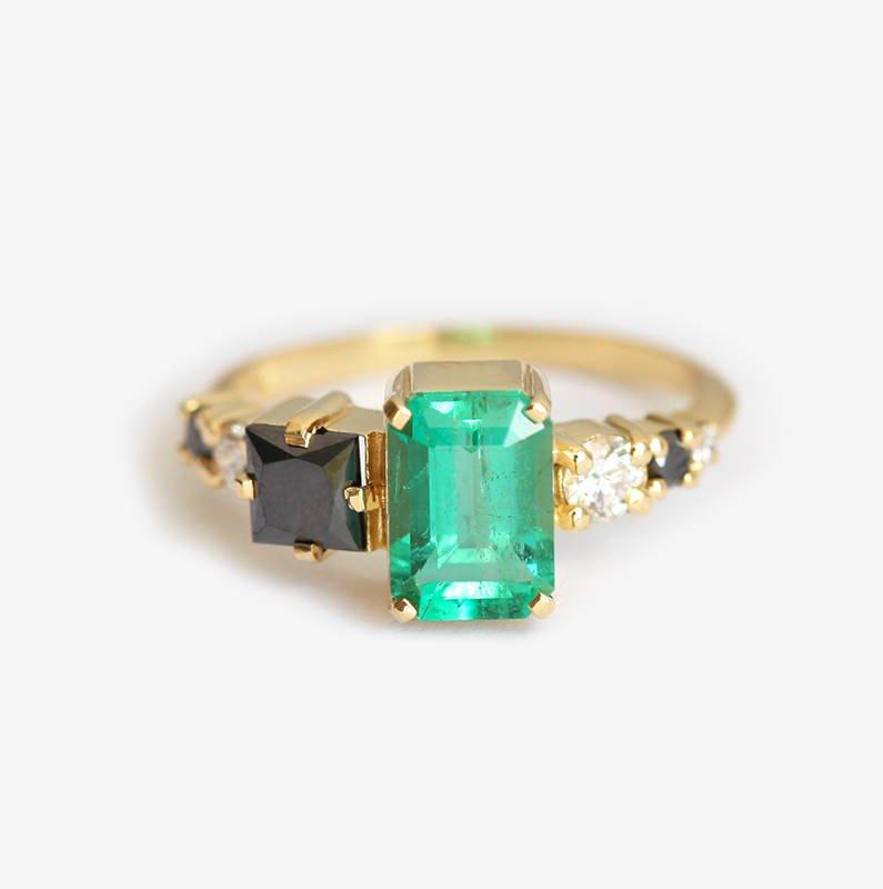 Emerald-Cut Emerald Cluster Ring with Black and White Diamonds