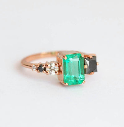 Emerald-Cut Emerald Cluster Ring with Black and White Diamonds