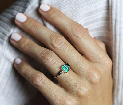 Emerald-Cut Emerald Cluster Ring with Black and White Diamonds