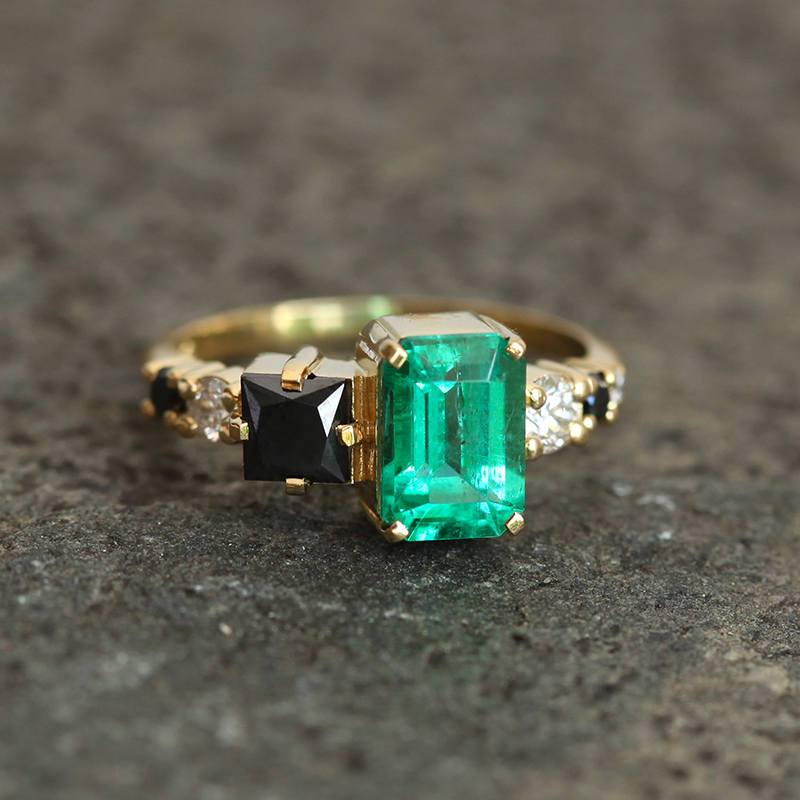 Emerald-Cut Emerald Cluster Ring with Black and White Diamonds