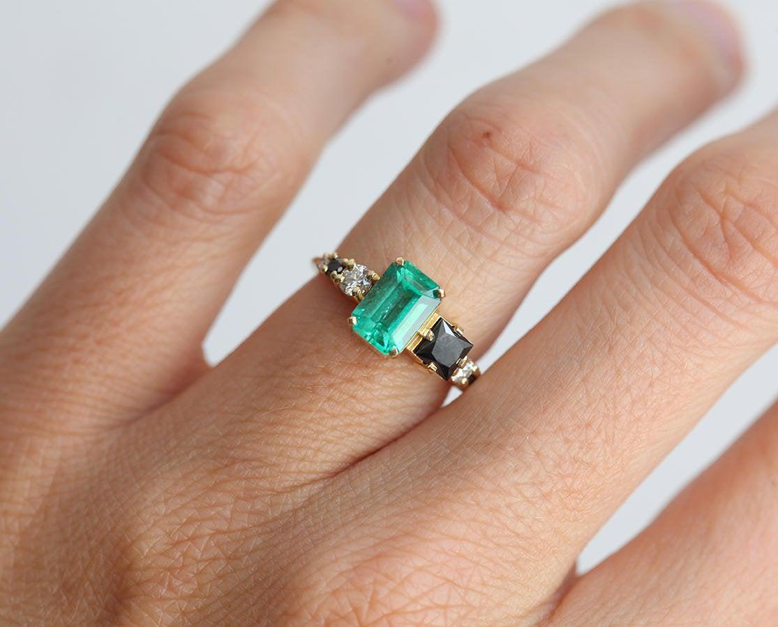 Emerald-Cut Emerald Cluster Ring with Black and White Diamonds