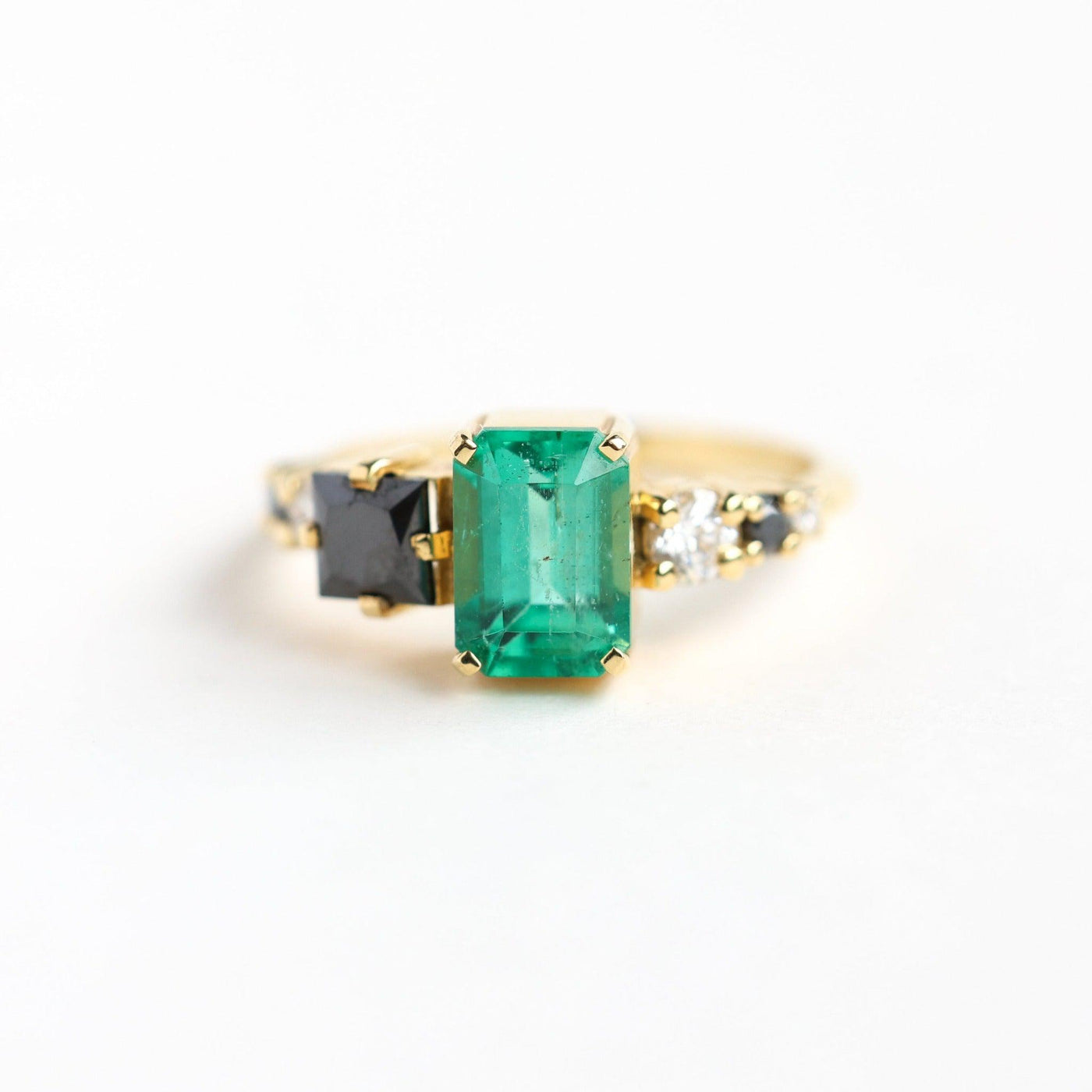 Emerald-Cut Emerald Cluster Ring with Black and White Diamonds