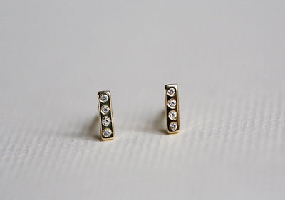 Round white diamond stud gold bar earrings