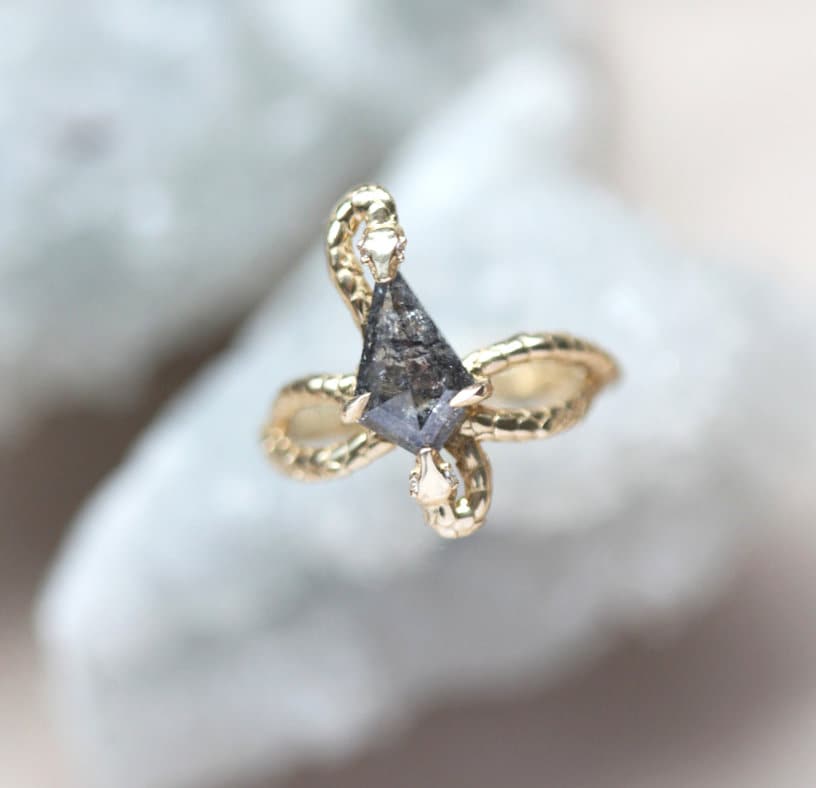 Kite Salt & Pepper Diamond Ring with Unique Gold Snake Band