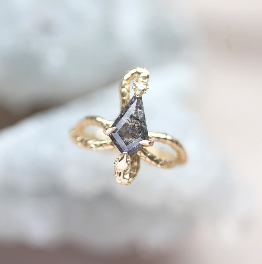 Kite Salt & Pepper Diamond Ring with Unique Gold Snake Band