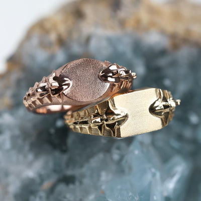 Close-up of Snake Gold Signet Ring, polished finish, 14k & 18k gold options. Butterfly-inspired design.