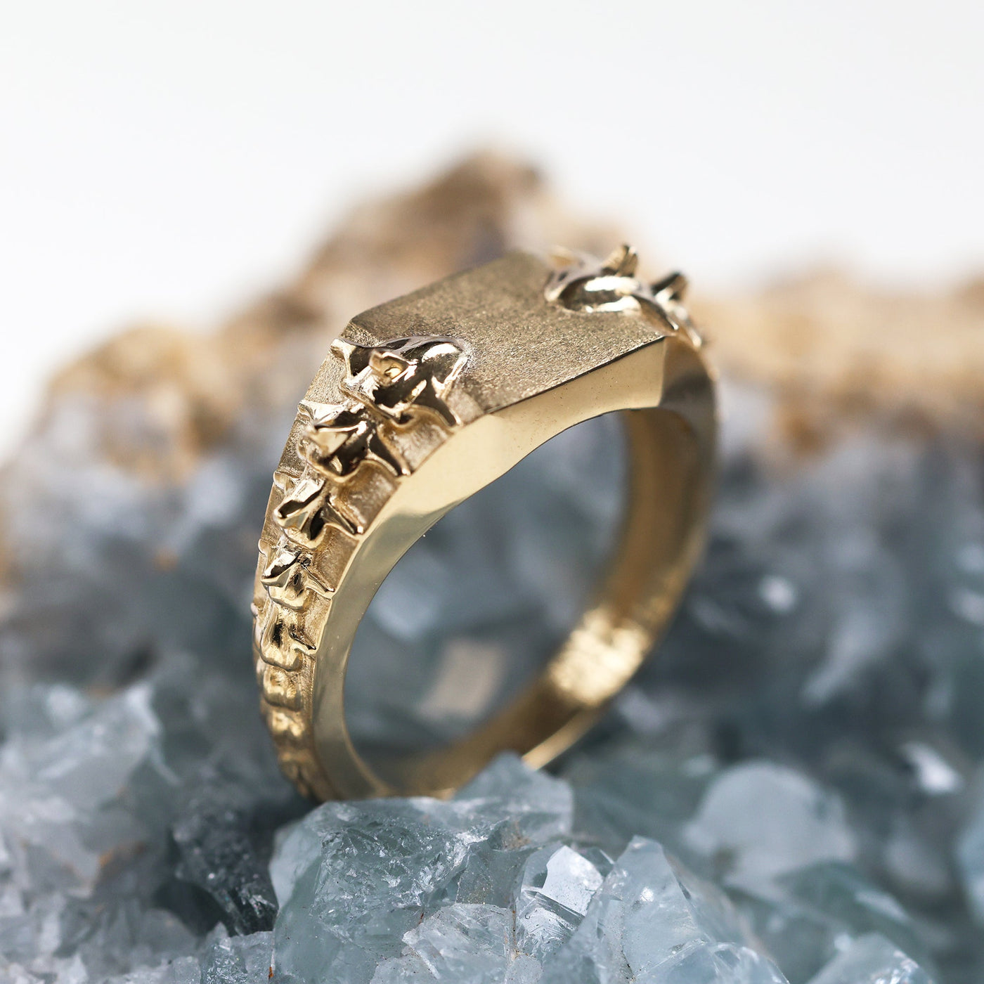 Gold signet ring featuring a snake spine design, customizable with gemstones. Elegant men's accessory.