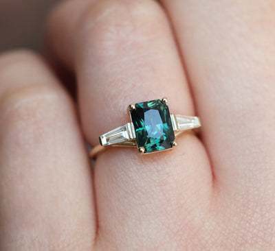 Teal Radiant Alexandrite Ring with 2 Side Baguette-Cut White Diamonds
