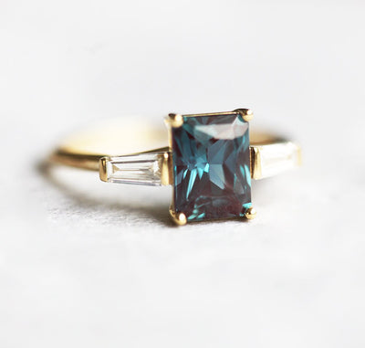 Teal Radiant Alexandrite Ring with 2 Side Baguette-Cut White Diamonds