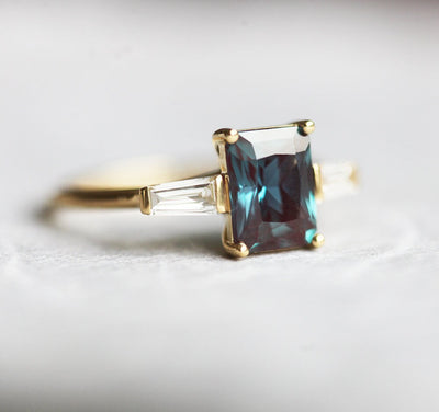 Teal Radiant Alexandrite Ring with 2 Side Baguette-Cut White Diamonds