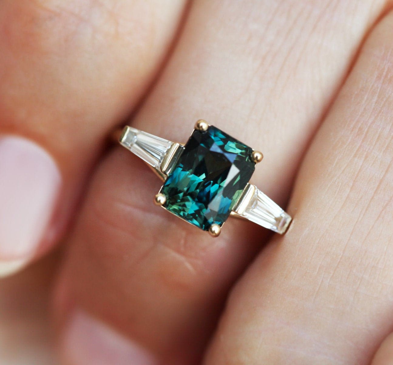Teal Radiant Alexandrite Ring with 2 Side Baguette-Cut White Diamonds