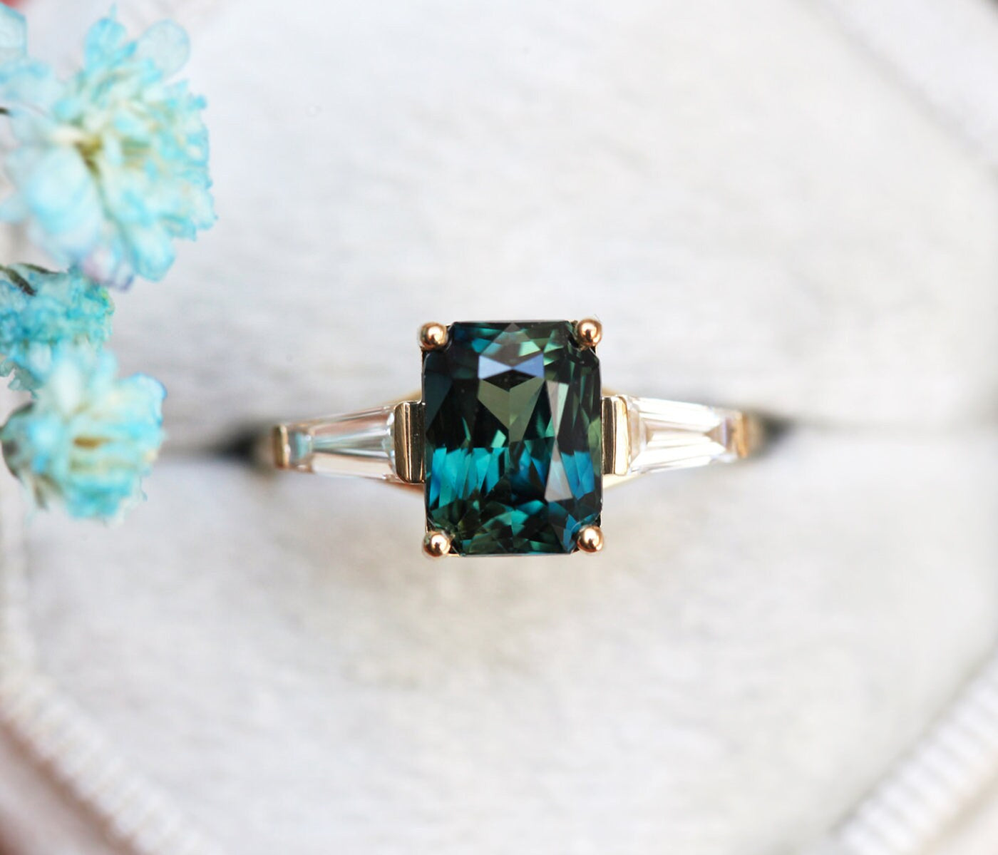 Teal Radiant Alexandrite Ring with 2 Side Baguette-Cut White Diamonds