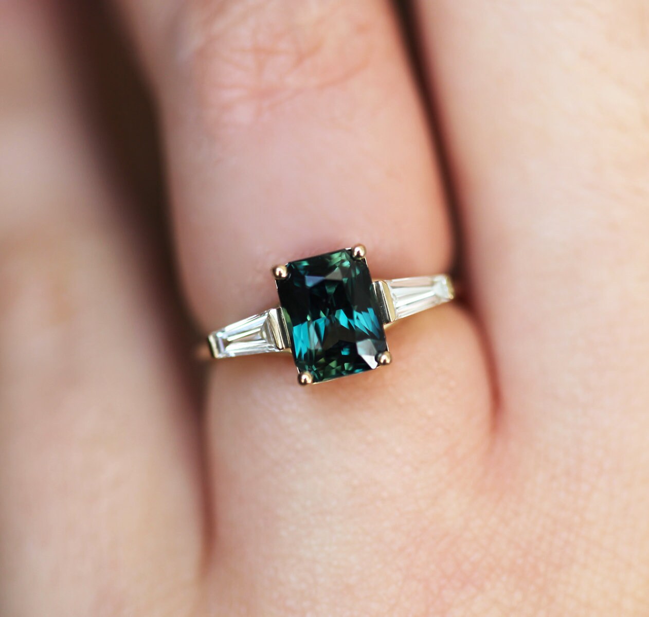 Teal Radiant Alexandrite Ring with 2 Side Baguette-Cut White Diamonds