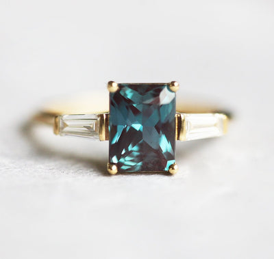 Teal Radiant Alexandrite Ring with 2 Side Baguette-Cut White Diamonds