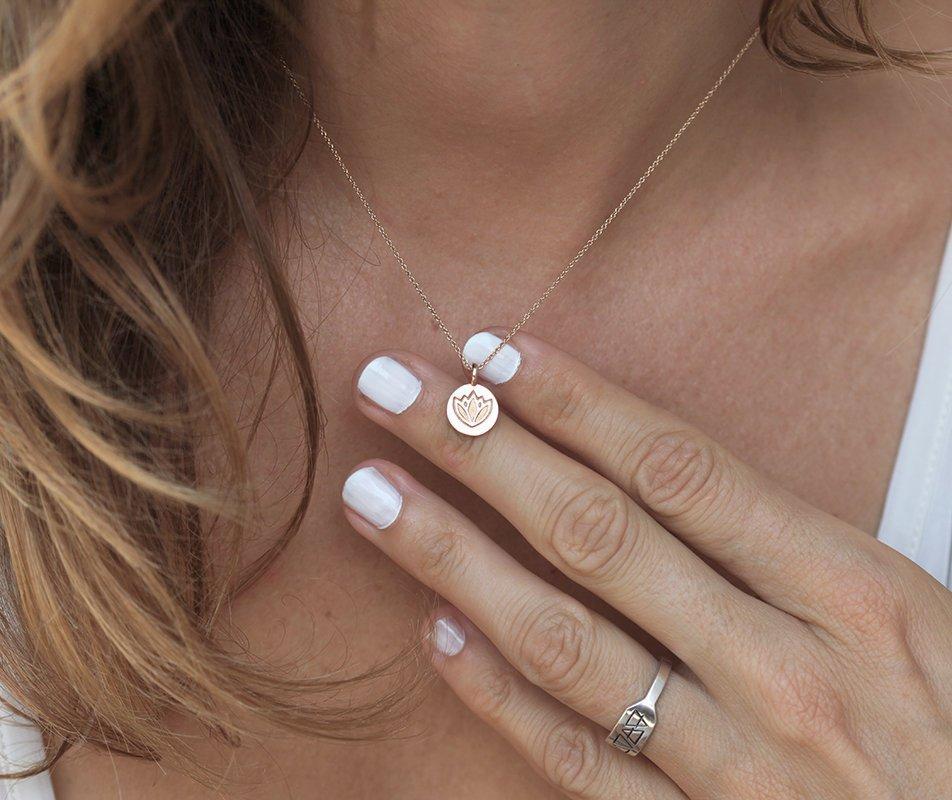 Solid Gold Lotus Necklace, Flower Disc Necklace, Ohm