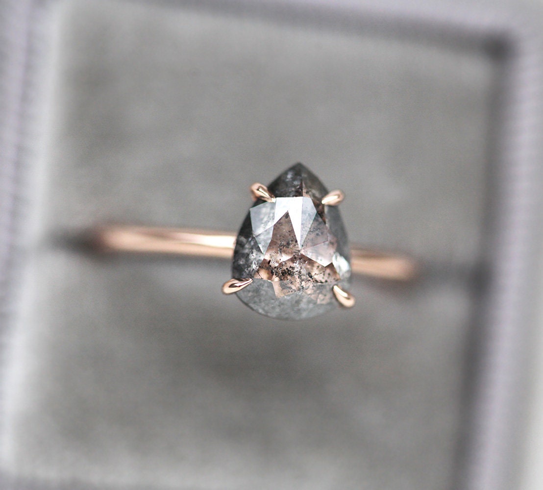 Solitaire Pear Salt And Pepper Diamond Engagement Ring