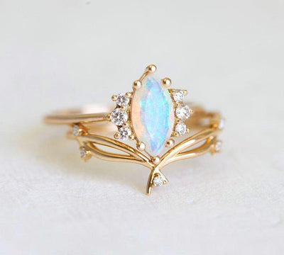 White Marquise-Cut Opal Cluster Yellow Gold Ring with Decorative Complementary Ring