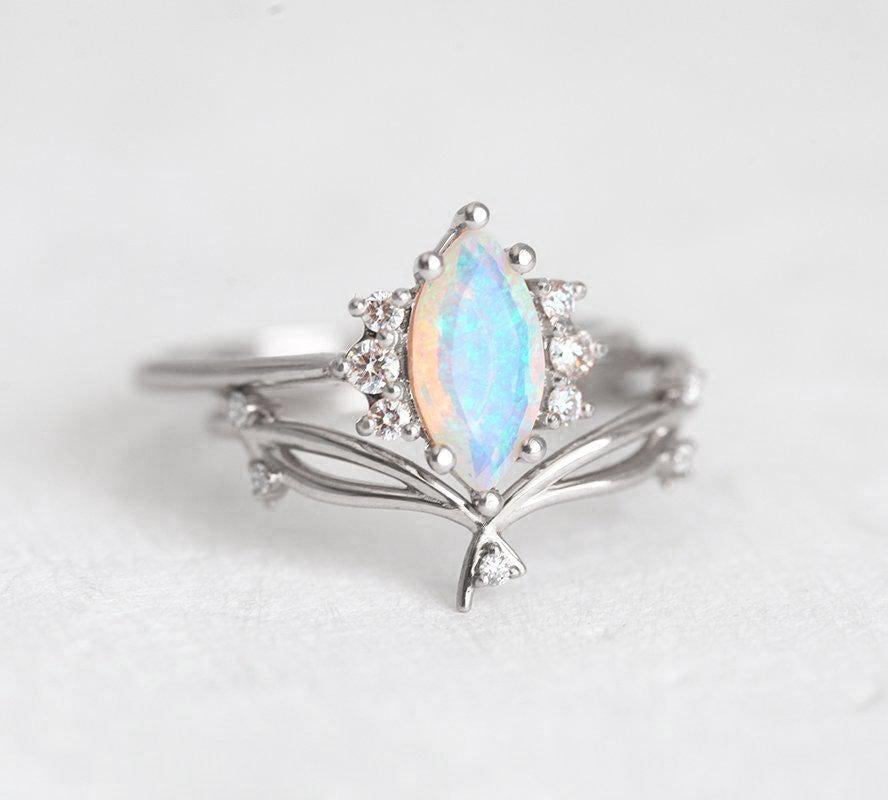 White Marquise-Cut Opal Cluster White Gold Ring with Decorative Complementary Ring