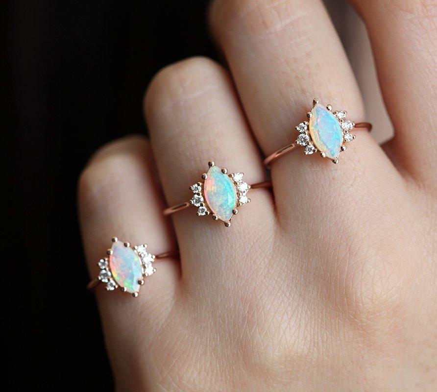 White Marquise-Cut Opal Cluster Rings