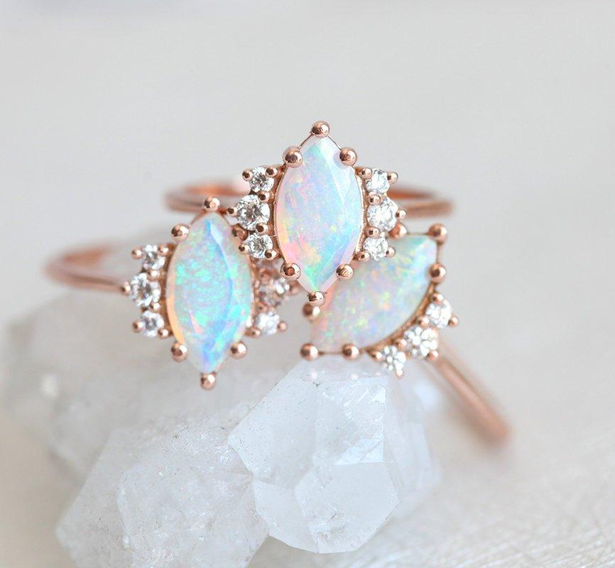 White Marquise-Cut Opal Cluster Rings