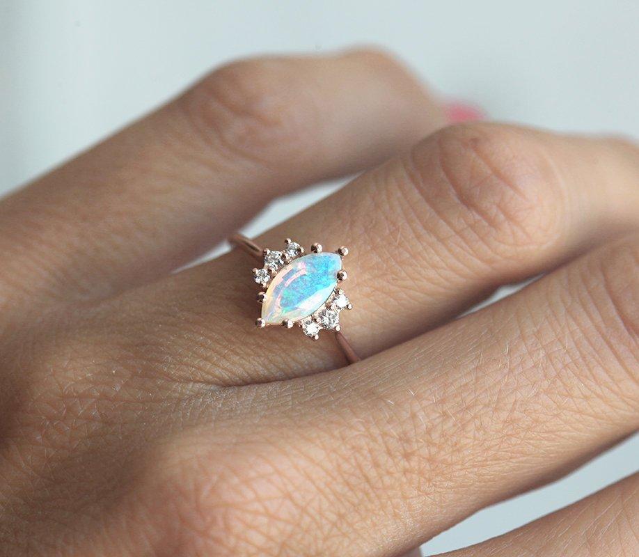 White Marquise-Cut Opal Cluster Ring