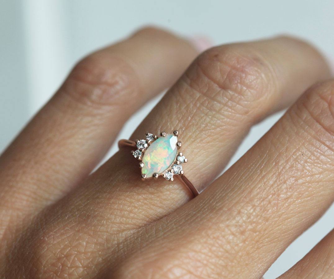 White Marquise-Cut Opal Cluster Ring