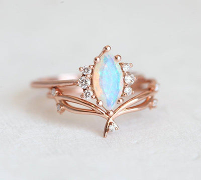 White Marquise-Cut Opal Cluster Ring with Decorative Complementary Ring