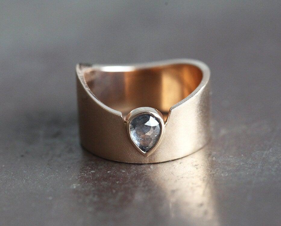 Pear Salt & Pepper Diamond Ring with a Unique Style Band