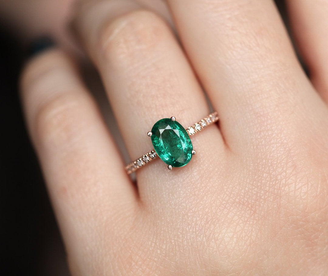 Oval emerald ring, 2 Carats Oval Cut Three Stone Style Emerald Engagement Ring, May Birthstone Promise Ring, Green Gemstone selling Ring