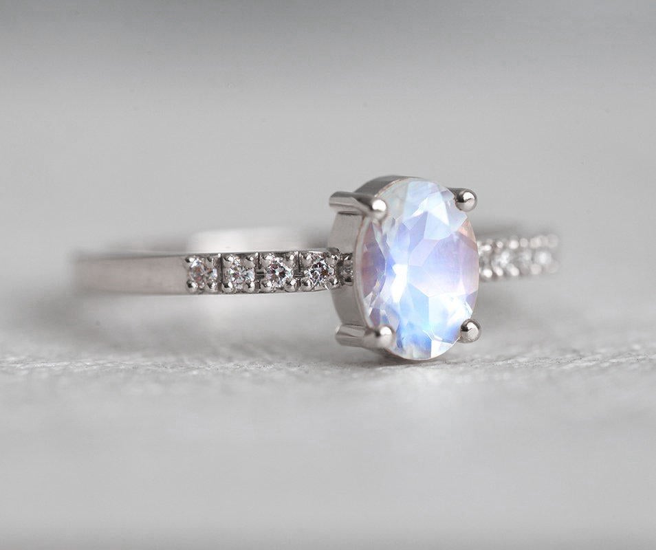 Large Gray moonstone Oval Faceted Ring on sale with Pave Diamond Bezel