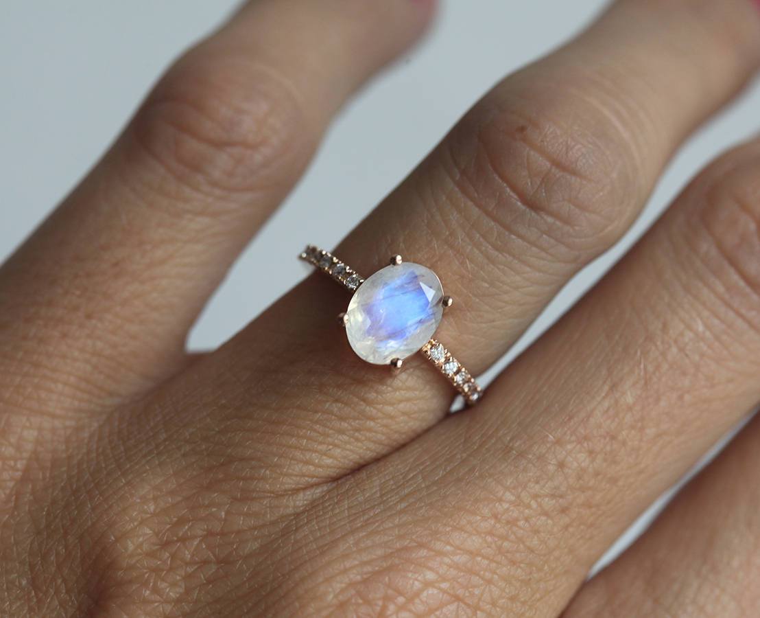 Oval Rainbow Moonstone Ring with Pave Diamonds