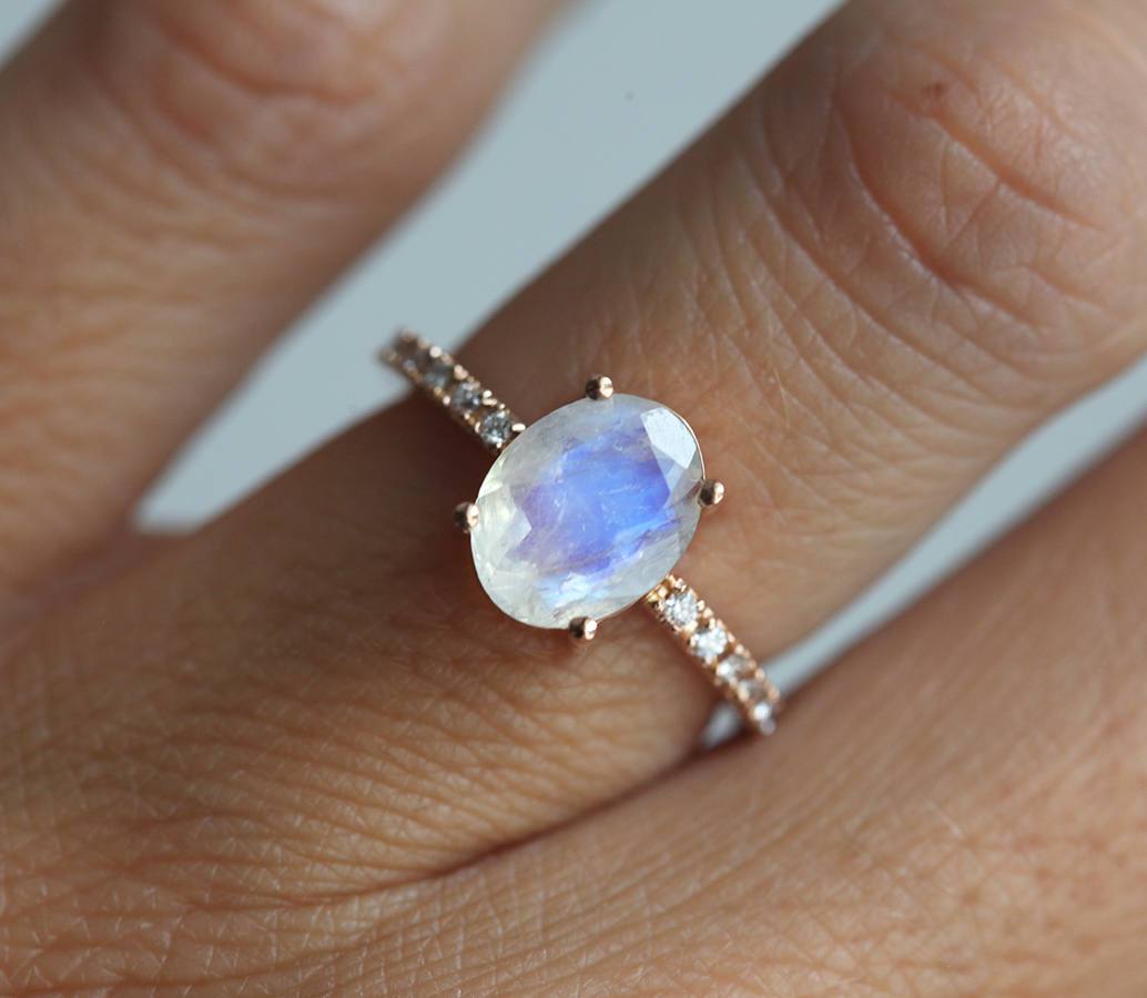 Oval Rainbow Moonstone Ring with Pave Diamonds