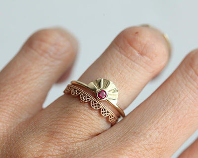 Round Ruby Solitaire Gold Sun Ring