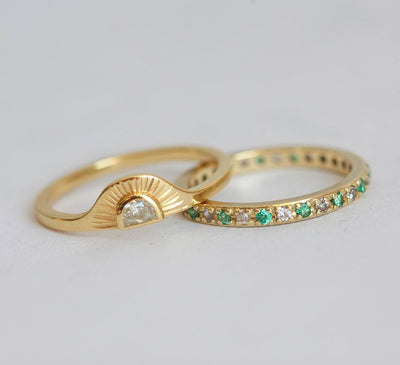 Sunrise Diamond Ring Set With Matching Diamond Eternity Band-Capucinne