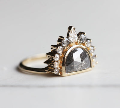 Half Moon Salt & Pepper Diamond Ring with Side Round Salt & Pepper Diamonds and a Pear White Diamond