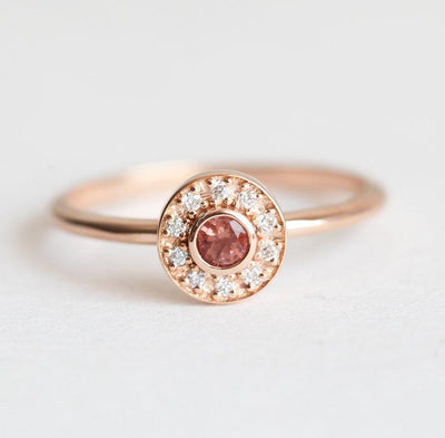 Sunstone Halo Diamond Ring, Rose Gold Sun Ring-Capucinne