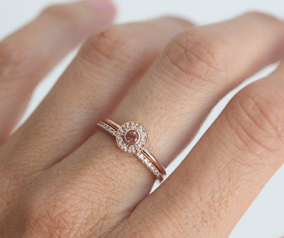 Sunstone Halo Diamond Ring, Rose Gold Sun Ring-Capucinne