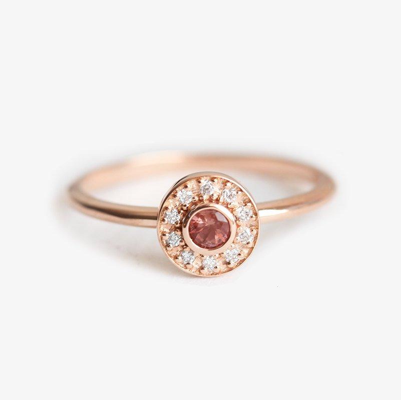 Sunstone Halo Diamond Ring, Rose Gold Sun Ring-Capucinne