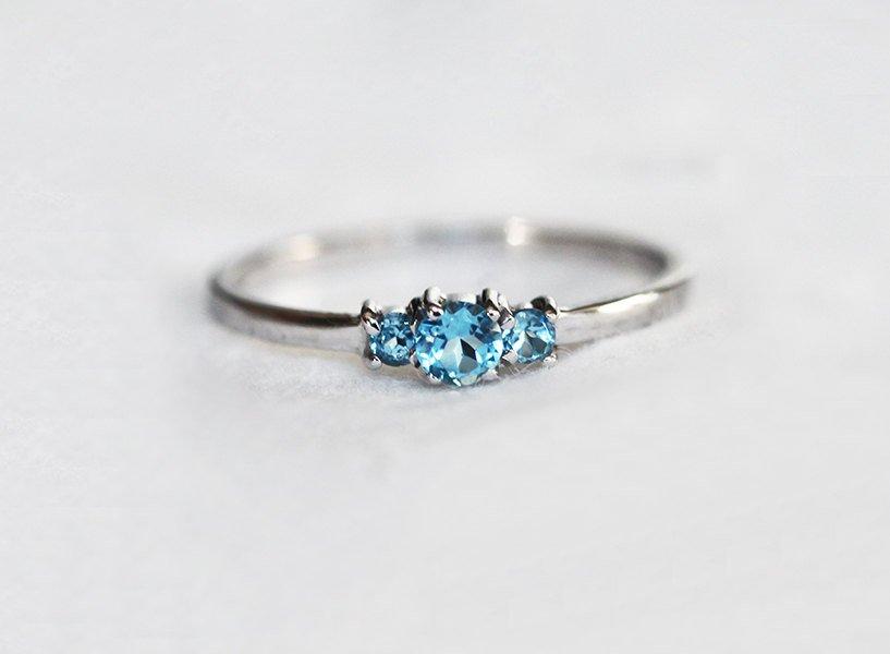 Swiss Blue Topaz Ring, Blue Engagement Ring, Three-Stone Ring-Capucinne