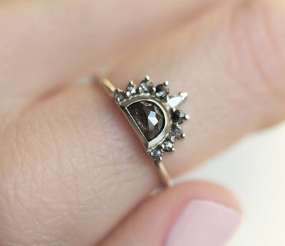 Half Moon Salt & Pepper Diamond Ring With Side White and Salt & Pepper Diamonds