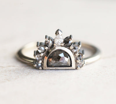 Half Moon Salt & Pepper Diamond Ring With Side White and Salt & Pepper Diamonds
