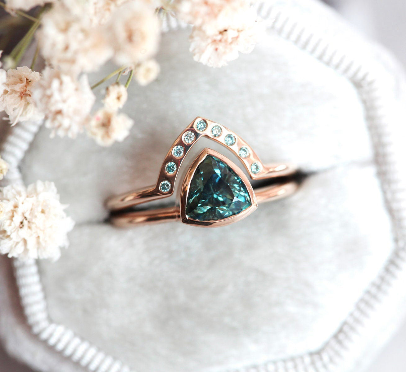 Teal Trillion Sapphire Ring With Blue Diamond Band, Trillion Sapphire Engagement Ring Solitaire With Teal Blue Diamond Ring, Matching Set-Capucinne
